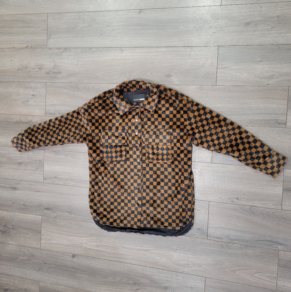 Fashion Nova Women's Black & Brown Checkered Jacket - Women's Size Medium - Picture 2 of 6